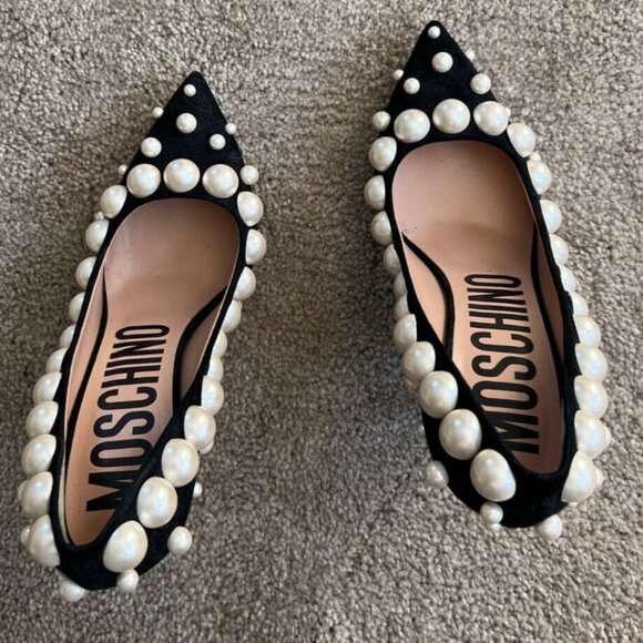 Moschino Suede Black 3" Heels Embellished with Pearls - Picture 2 of 6